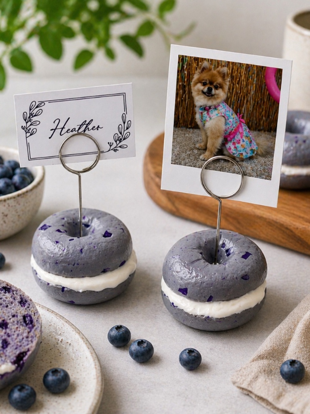 Blueberry Bagel Place Card Holder, Photo Holder, Food Label, Handmade Breakfast